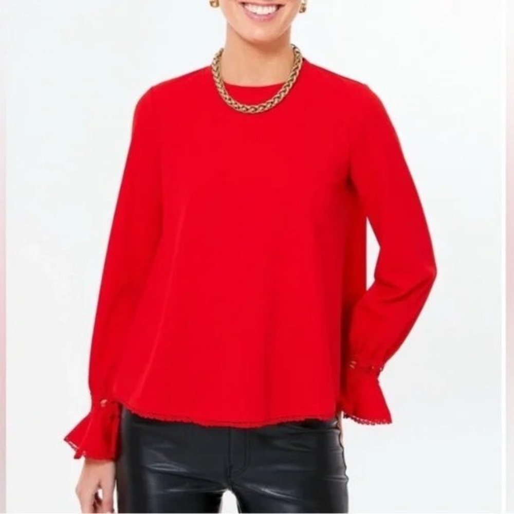 Pomander Place Red Bell Sleeve Blouse Crochet Lace Trim Crew Neck Top S Y22616T